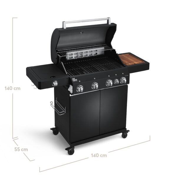 BURNHARD 4-Brenner Gasgrill Big FRED Deluxe BLACK Series 3 inkl. Backburner, 900°C Infrarot-Keramikbrenner, Seitenkochfeld, Gusseisen-Grillrost – Bild 9